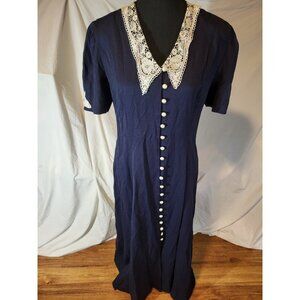 Vintage Ultra Dress New York  Size 10 Navy Blue Lace Collar Modest Full...